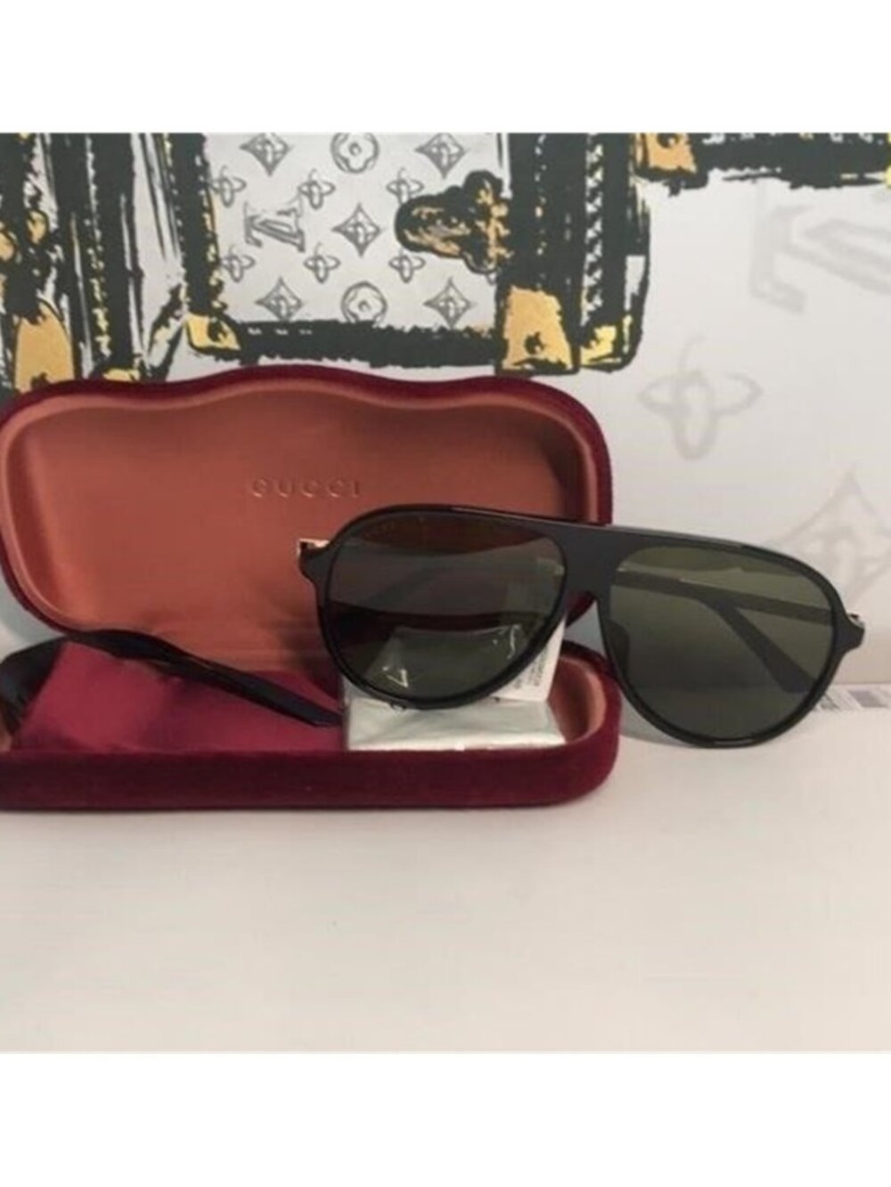 New Authentic  Gucci GG0829SA 002 – Black & Ruthenium Aviator Green Lenses ✨ - Picture 5 of 12